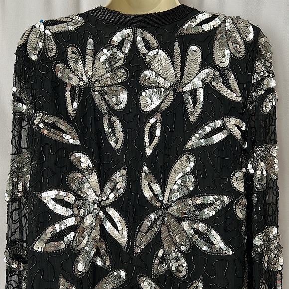 Sweelo Vtg Black/Silver Sequins Beaded Long Sleeve Silk Jacket Coat **Sz M**🌺🌺 - Picture 4 of 6
